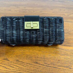 J.Crew Rattan Leather Trim Turn Lock Clutch Handbag Purse Black Straw Bag